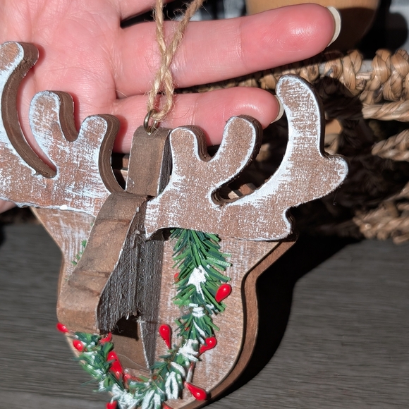 Rustic Brown Reindeer Ornament with Green and Red Accents - Picture 1 of 3